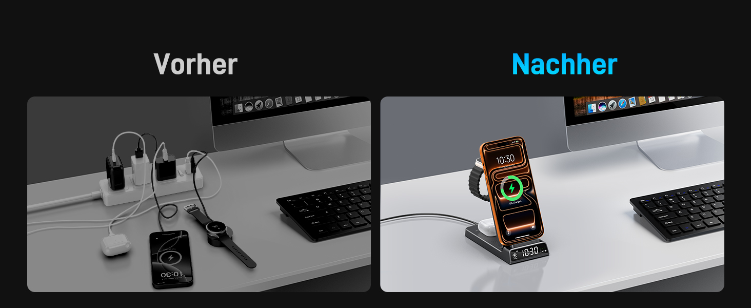 MagSafe Зарядний пристрій 3-в-1 для Apple Watch та iPhone (17 Pro Max/16/15), Бездротовий зарядний пристрій для Apple Watch (10-4) та AirPods, 25W, Чорний