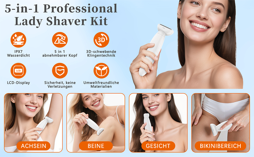 Електричний жіночий тример Lightbiz 5-в-1 для тіла та обличчя, водонепроникний (IPX7), USB-зарядка, білий