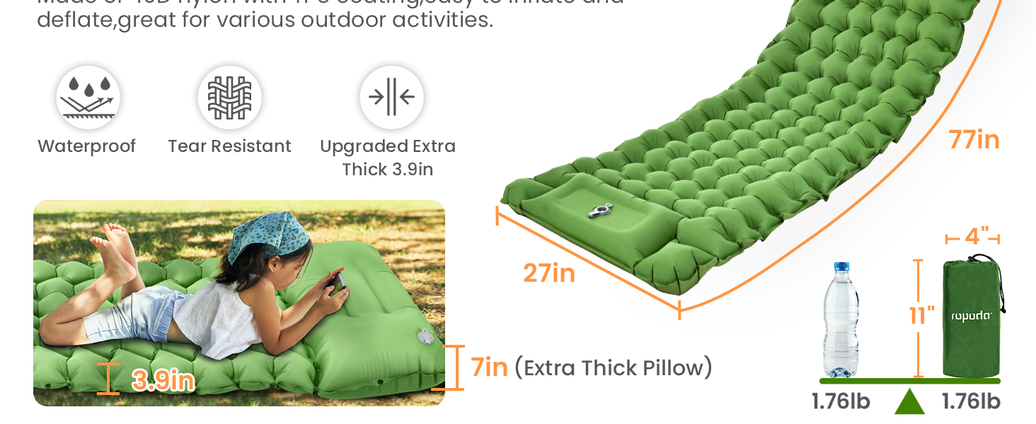 ROPODA Self-Inflating Camping Mat with Pillow & Foot Pump - Lightweight, Waterproof Sleeping Pad for Outdoor, Hiking & Travel