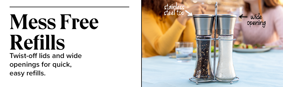 Набір для перцю та солі Willow & Everett з нержавіючої сталі - 2 великі ручні млини з регульованим жорном, без наповнювача, з підставкою
