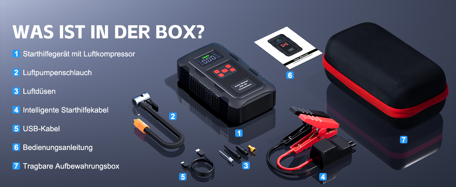 Пусковий пристрій Povasee Jump Starter 9000A з компресором 150 PSI та павербанком, автомобільний бустер 12V для бензинових та дизельних авто, з ліхтарем (Чорно-червоний)