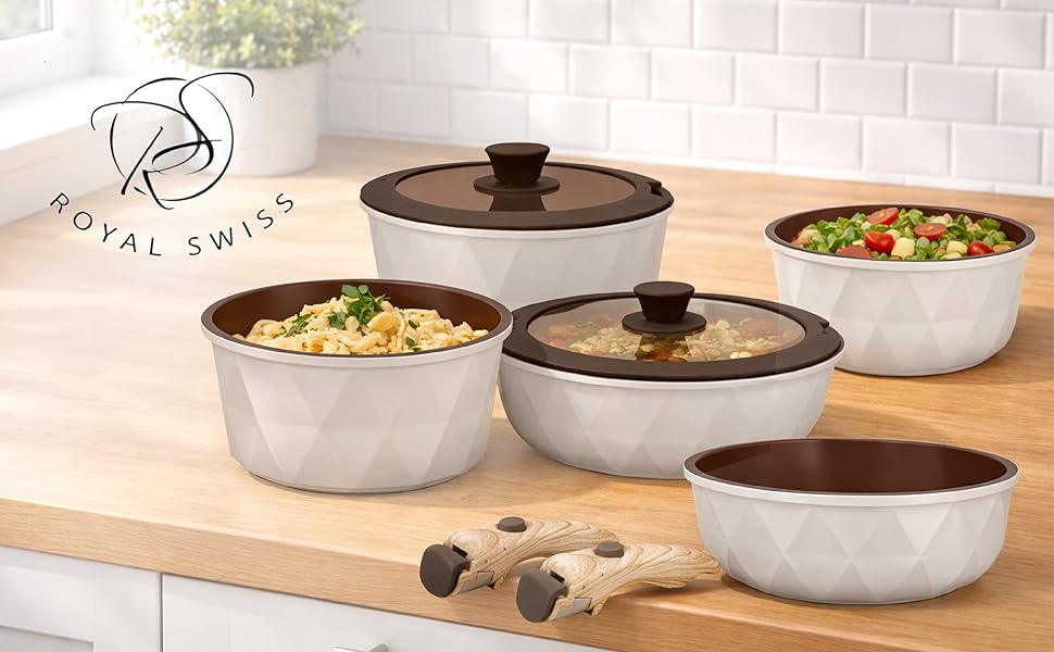 Набір посуду 9 предметів з антипригарним покриттям Diamant Beige: каструлі та сковорідки для всіх плит, включаючи індукційні. Без PFOA/PFAS