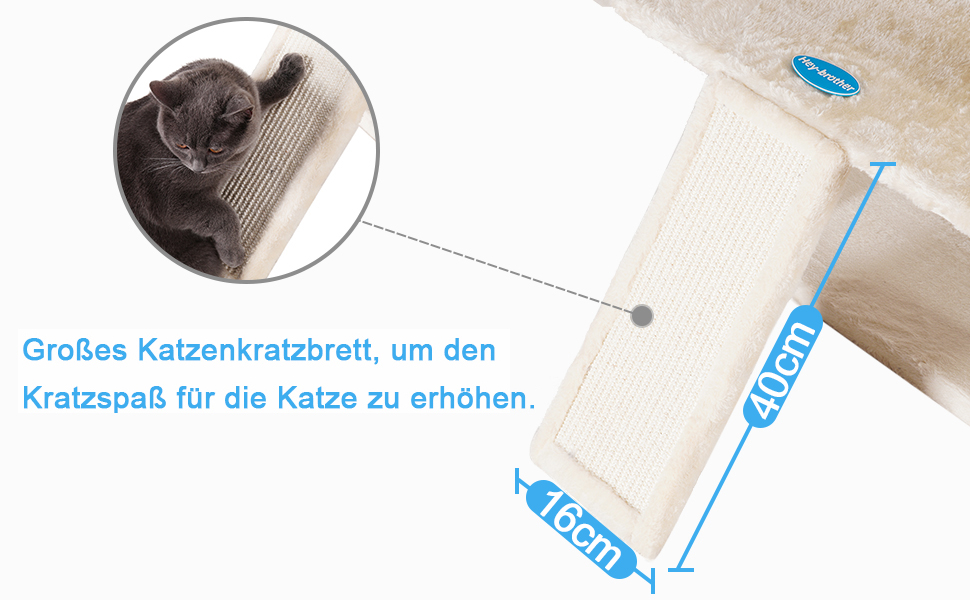 Великий котячий будиночок Hey-brother Kratzbaum XXL, 180 см, стабільний з сизалевим мотузком, велике дряпальний борд, кошик, 3 платформи та 2 будиночки (Бежевий)