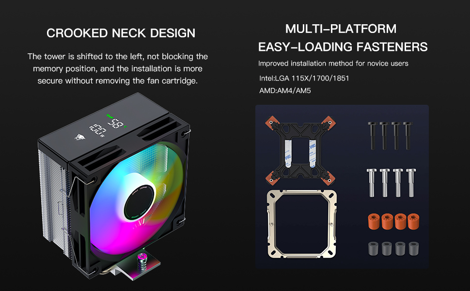 Система охолодження CPU TZMRIT KF401 DGT з дисплеєм, 12 см, 1600 RPM, 4-pin PWM вентилятор для Intel LGA 1700/1200/115X/1851 та AM4/AM5