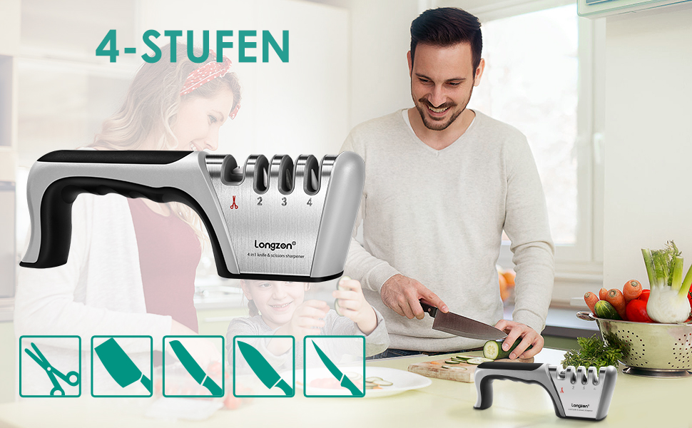 Точилка для ножів Longzon з 4 ступенями, ручна, з антипорізковими рукавичками. Для грубого та тонкого заточування ножів та ножиць. Діамантове та керамічне лезо.