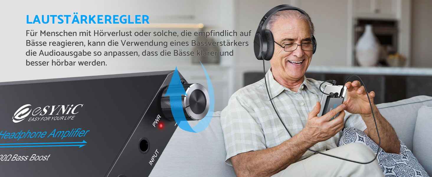 eSynic Підсилювач для навушників HiFi – портативний, 3.5mm AUX, 1000mAh, для MP3/MP4/Smartphone/PC, підходить для навушників 16-600 Ом, алюмінієвий корпус