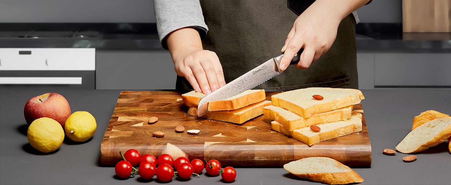 D.Perlla Self-Sharpening Knife Block Set - 7 Piece Stainless Steel Knife Set with Plastic Handle & Wooden Block - Professional Kitchen Knife Set, Black