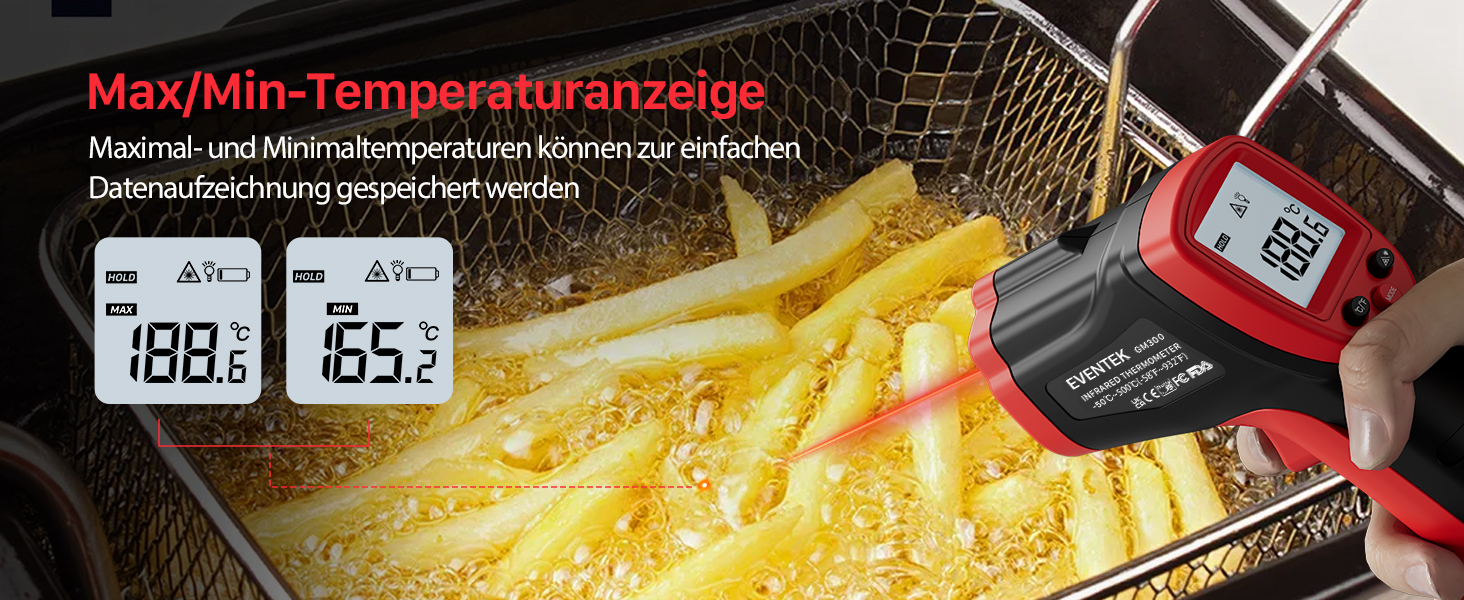 Інфрачервоний термометр Eventek -50°C до 600°C з лазером та LCD дисплеєм. Безконтактний термометр для піци, гриля, кухні та промисловості. Регульований коефіцієнт випромінювання (Не для людей). Червоний, діапазон -50°C ~ 500°C