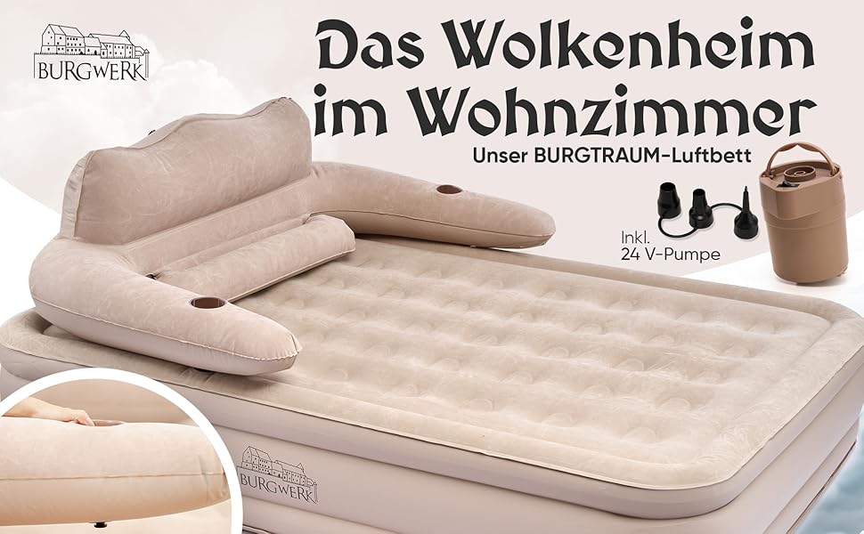 Надувне ліжко для 2 осіб [3-в-1 система] | Елегантне гостьове та кемпінгове ліжко | Надувна матрац з електропомпою 150x200 | Самостійно надувна повітряна матрац для 2 осіб, бежевий