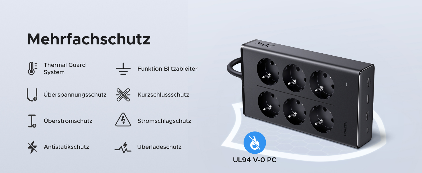Мережевий фільтр UGREEN 10-в-1 з USB, подовжувач з 20W швидкою зарядкою USB-C, захист від перенапруги, 3680 Вт, кабель 1.5 м, для офісу та дому