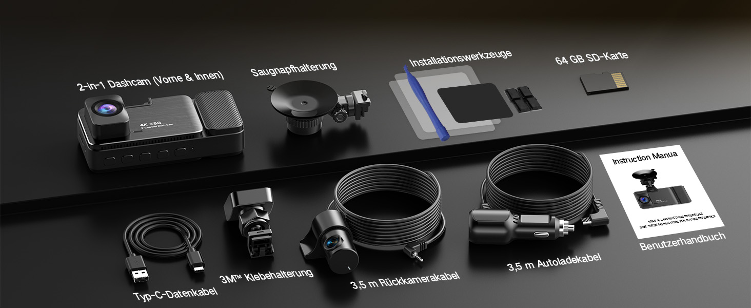 3-канальний автомобільний відеореєстратор 4K (передній, задній, салонний), 170° широкий кут, нічна зйомка, паркування 24/7, G-сенсор, WiFi 5.8 ГГц, SD-карта 64ГБ, чорний