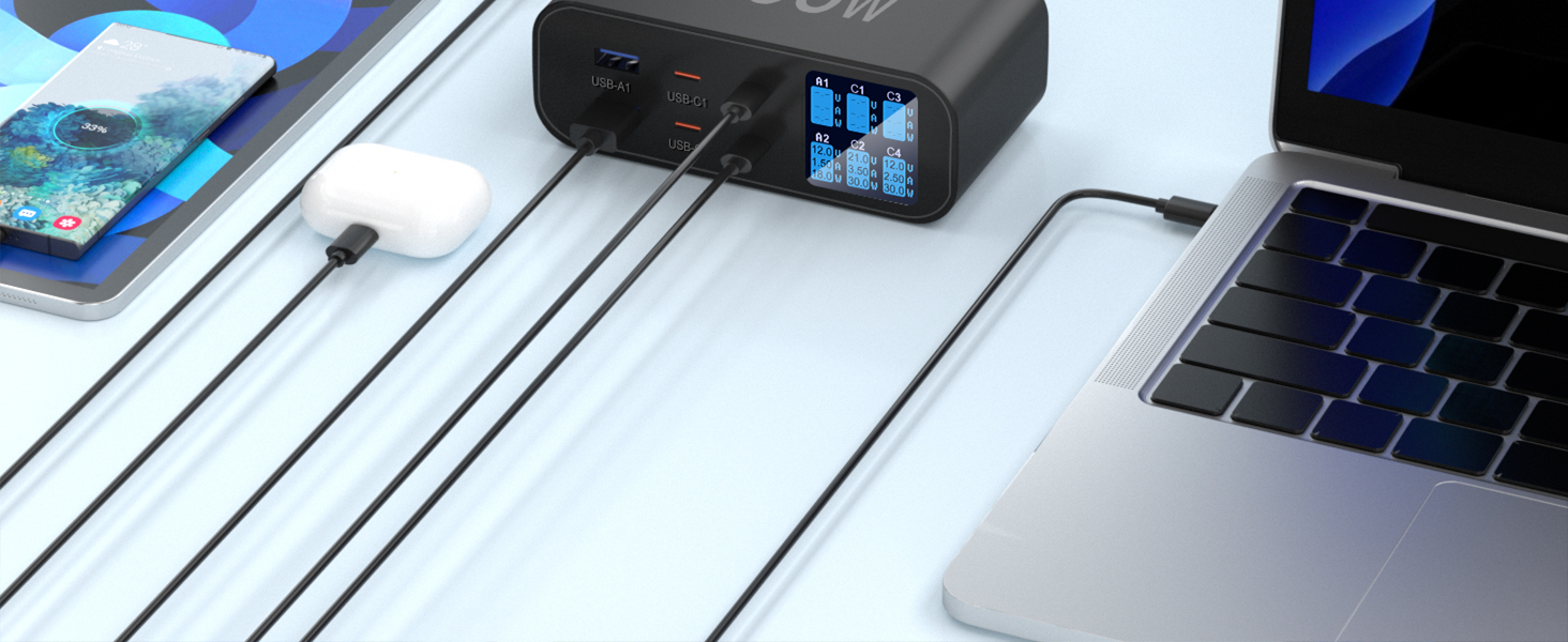 Зарядний пристрій USB-C 365W YSYFAD з 6 портами, PD 100W, QC 3.0, LED індикатор - для MacBook, ноутбуків, iPhone, iPad (Чорний)