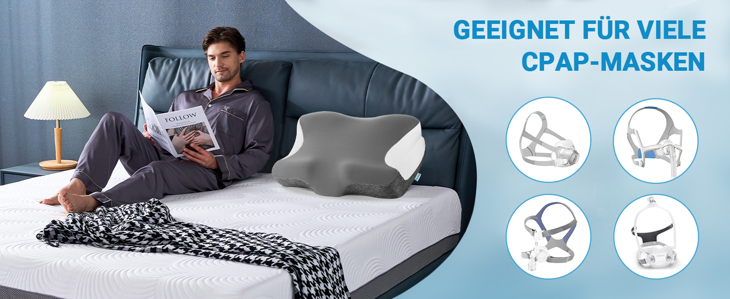 Подушка CPAP Elviros з піни Memory Foam для сну на боку, регульована по висоті та жорсткості, сумісна з масками, сіра (Нейлон, Еластан)