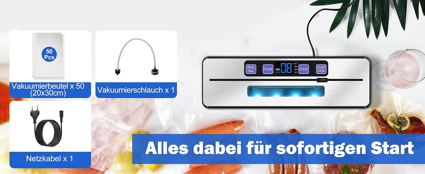 Вакуумний упаковник KLGFI 7-в-1: професійний, з подвійною зварювальною лінією, з різаком та цифровим таймером, комплект з 50 пакетами, срільно-чорний