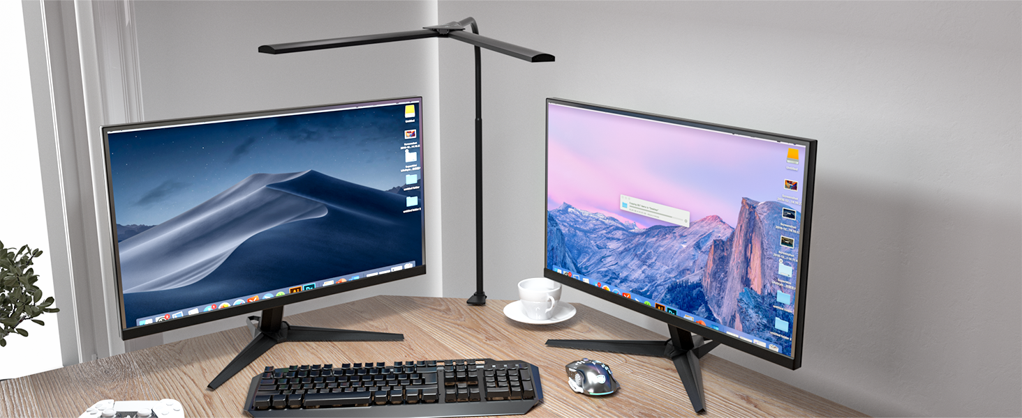 LED лампа настільна для офісу та дому, світло для монітора, 1400 люмен, регульована яскравість, кріплення на кліпсі, світильник для робочого місця, гнусий «лебединий шия», подвійний насадки, 5 режимів кольору та рівнів яскравості, білий колір (чорний, 64 см)