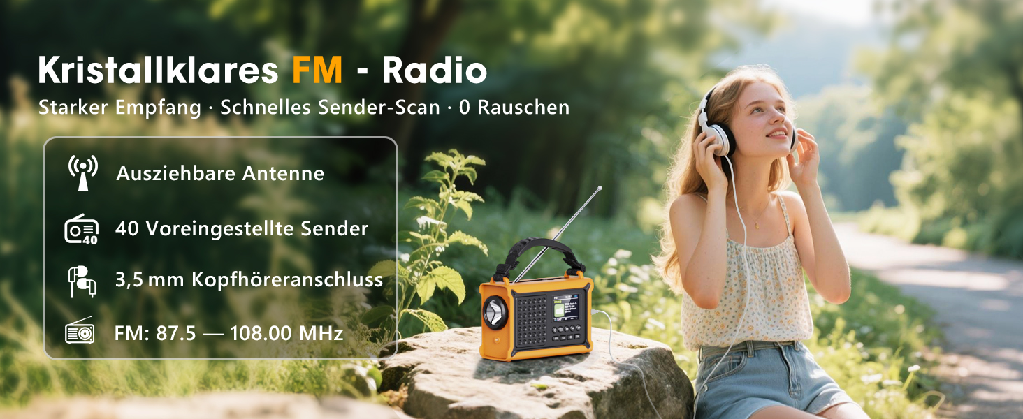 ROCAM Радіоприймач на ручку DAB+/UKW, портативне аварійне радіо з сонячною панеллю 8500 мм² та ручкою 650mA, цифрове радіо з Bluetooth, 2.4' кольоровий дисплей, 80 станцій, SOS, LED ліхтарик, USB, IPX6 для кемпінгу (Жовтий)