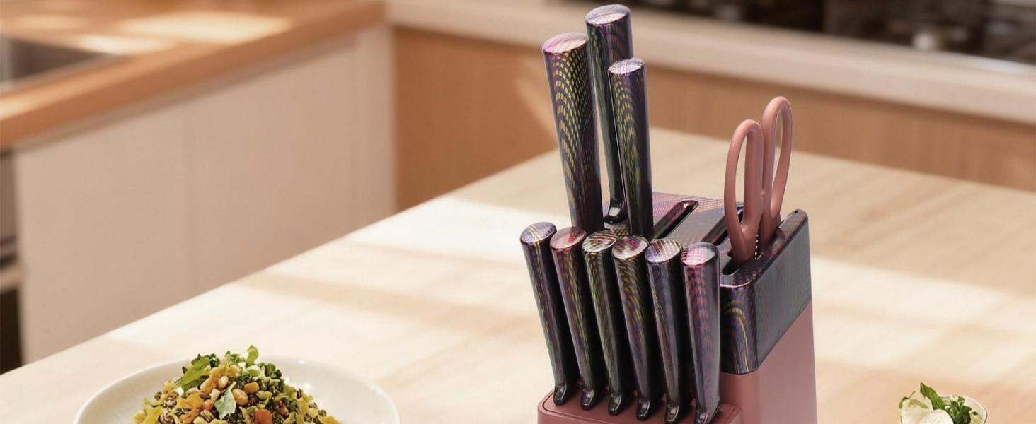 Набір кухонних ножів Messerblock 16 предметів з дерев'яною підставкою, дощечкою, захистом пальців, точилкою та кухонними ножицями. Професійний набір ножів для дому (зелений/рожевий)