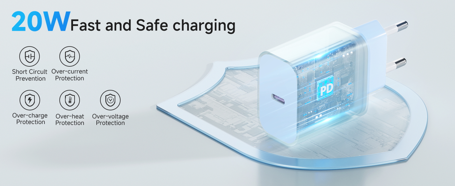 Зарядний пристрій USB-C 20W для iPhone 17/16/15 Pro/Plus, кабель Type-C 2м, PD3.0 - блакитний