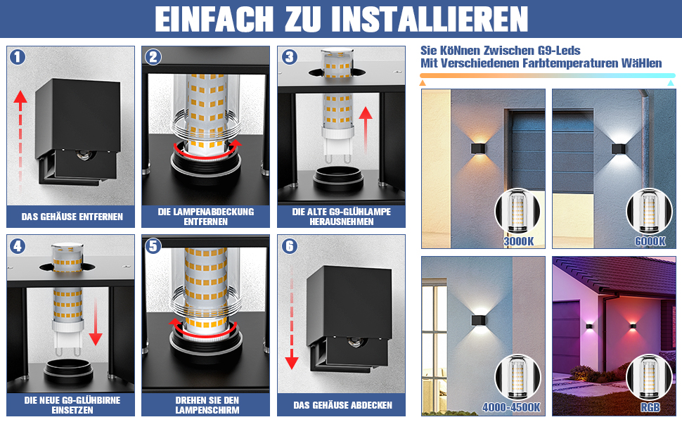 Настінне освітлення YrgePowk 2 шт. з LED лампою G9, зовнішнє та внутрішнє, IP65, регульований кут освітлення, тепле світло 3000K, чорний