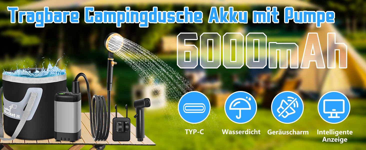 Портативний душ для кемпінгу IEEILULU 6000mAh з помпою, індикатором температури та складаним відром для подорожей, тварин, саду, авто та пляжу