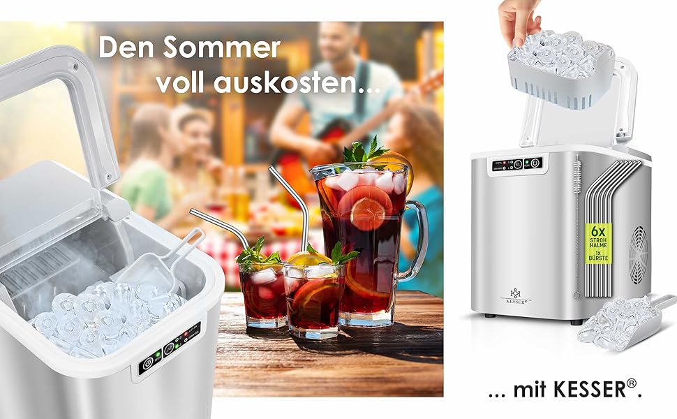 Машина для приготування льоду KESSER® з нержавіючої сталі, 12 кг/24 год, 2,2 л резервуар, LED-дисплей, самоочищення