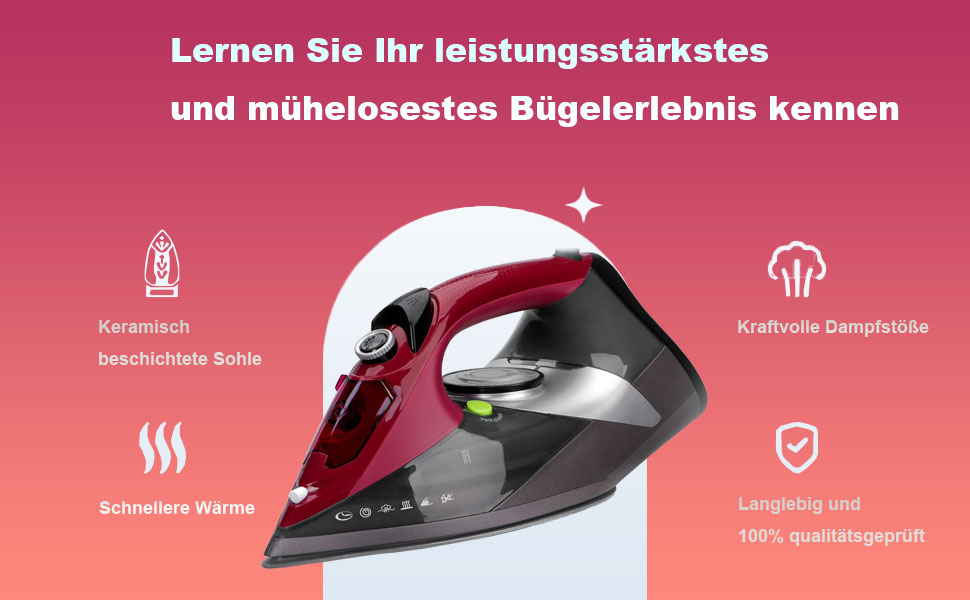 Відпарювач для одягу 3000W з керамічною підошвою - відпарювач з кабелем, самоочищення, резервуар 340мл, автоматичне вимкнення, червоний