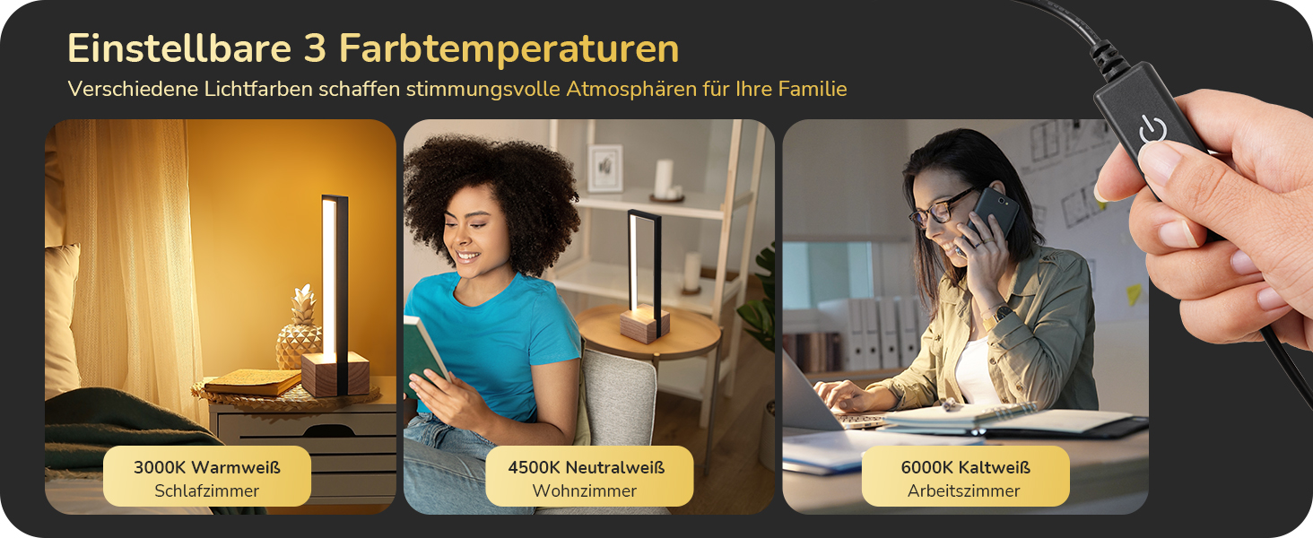 LED настільна лампа EDISHINE з дерева, торкання, регулювання яскравості та функцією пам'яті, 3 колірні температури, 350 люмен, сучасна лампа для вітальні, офісу, подарунок, чорний сучасний стиль