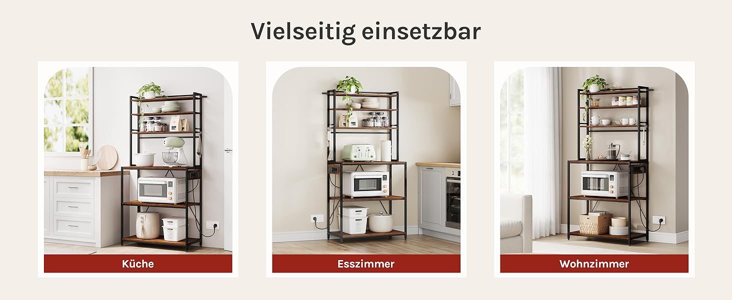 Кухонна полиця WOLTU з 6 ярусами, з розетками, для мікрохвильової печі, з металевим каркасом, регульовані полиці, Чорний+Рустик Браун, 60 x 167 x 40 см (Чорний+Вінтаж Браун, 80 x 39,5 x 167 см)