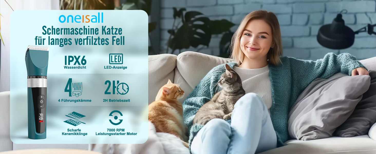 Машинка для стрижки котів Oneisall - тиха, професійна, з LCD-дисплеєм, IPX6, зелена