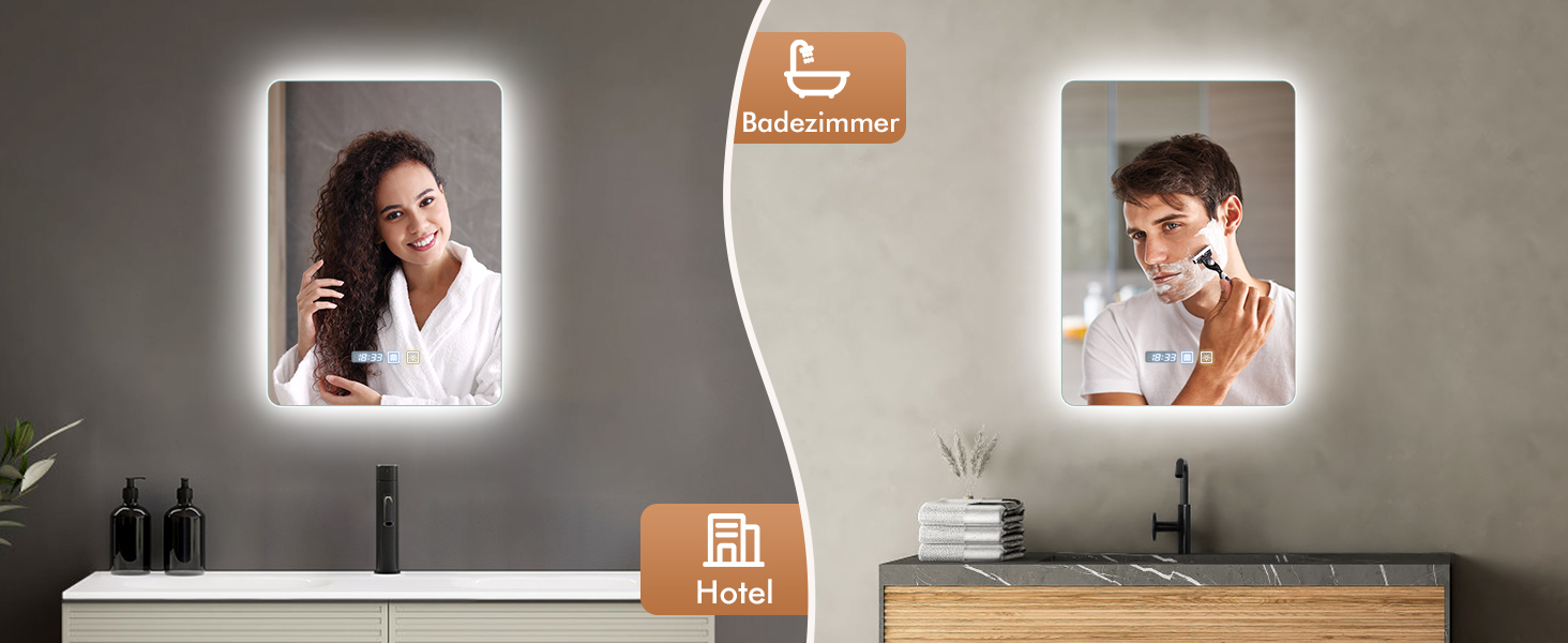 Дзеркало для ванної кімнати з підсвічуванням 50x70 см, з протитуманною функцією, годинником, LED-підсвічуванням, сенсорною кнопкою, функцією пам'яті, 3 кольорами світла, регулюванням яскравості