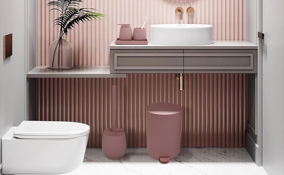 Набір для ванної кімнати AJEUNGAIN (5 предметів) сірий, сучасний органайзер, комплект сміттєвий контейнер, тримач для щітки, дозатор мила та стакан для зубної пасти, піднос (Рожевий)