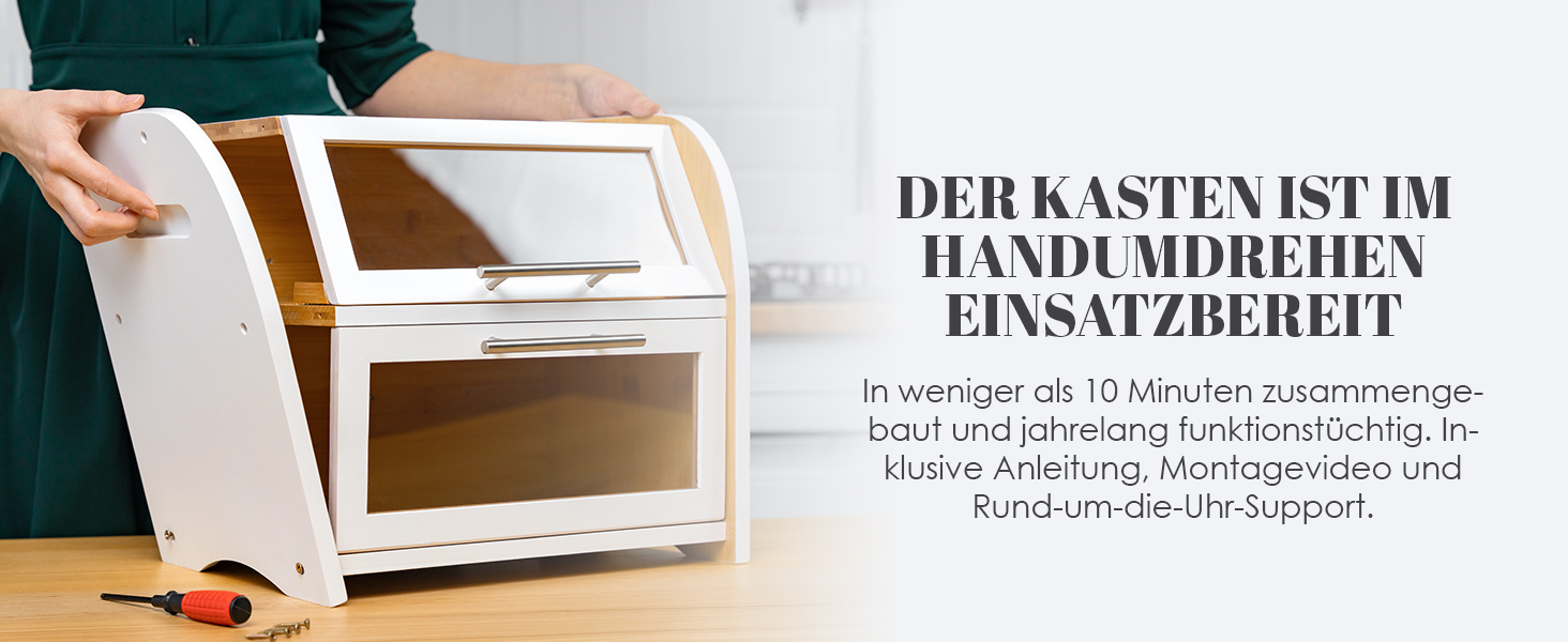 Бредониця Arise з вентиляцією, велика для зберігання хліба, 2 полиці та вікно, дерев'яна для хліба, булок, зберігання. 40 x 26 x 37, бамбук White, самостійна збірка