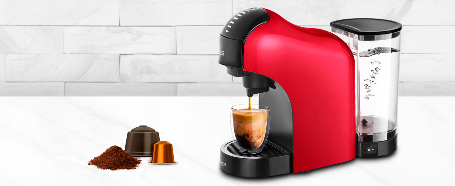 Кавоварка Ufesa Bellagio 3-в-1 для капсул Nespresso, Dolce Gusto або меленої кави, сенсорна панель, 7 режимів, резервуар 1 л, 1400 Вт, 15 бар, червона, компактна