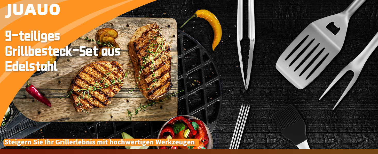 Набір аксесуарів для гриля з нержавіючої сталі на 9 частин, преміум-якість, для чоловіків та батьків, ідеальний подарунок на день народження/Новий рік, для BBQ, гриля та кемпінгу, з сумкою, включає шпатель, щипці