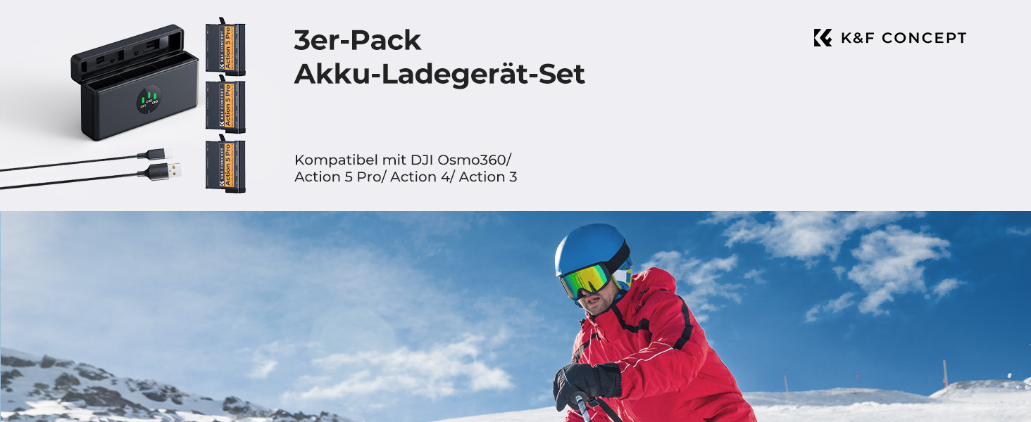 Набір акумуляторів K&F CONCEPT Osmo Action 5 Pro (3 шт.) з тризарядним пристроєм, 2100 mAh, сумісний з DJI Osmo Action 5 Pro, 360, 6, 4, 3