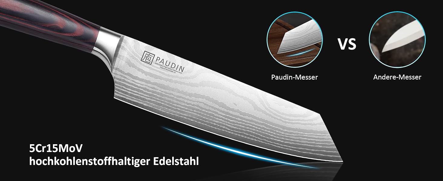Японський ніж Santoku від Paudin, 20 см, Kiritsuke, з високоякісної сталі, ергономічна ручка, для м'яса, риби та овочів