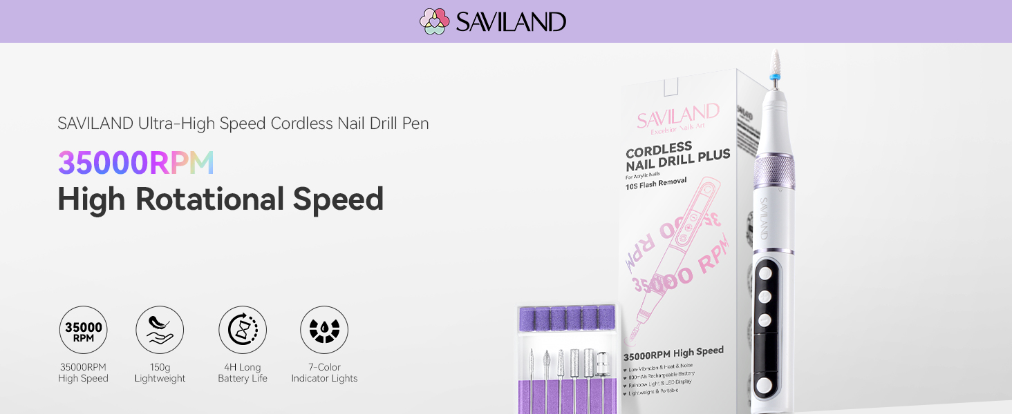 Електрична фрезер для нігтів Saviland 40000 об/хв, 12 в 1, професійний набір для манікюру та педикюру, USB, портативна, фіолетова