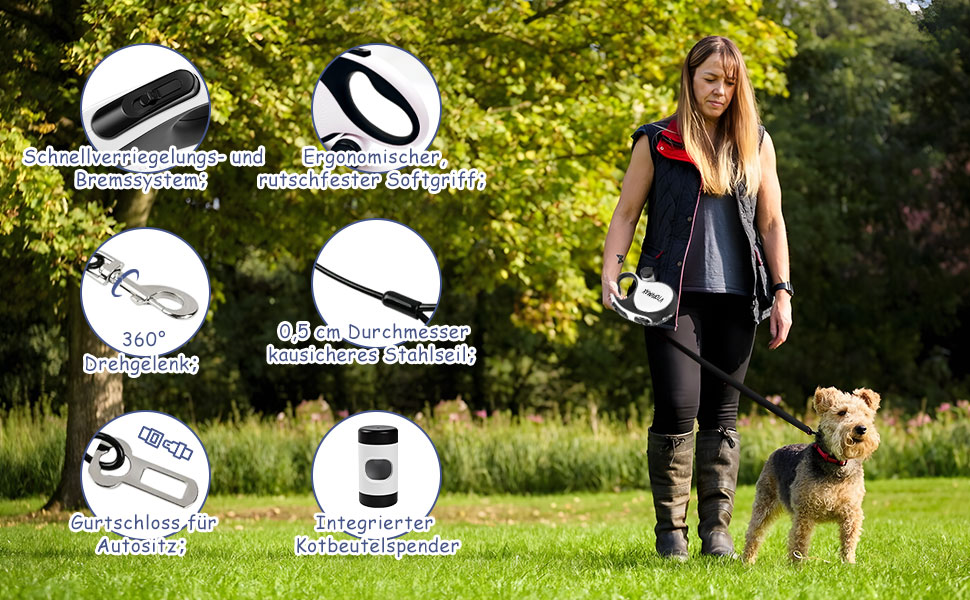 Висувна поводок для собак VTOPVMAX 8м - для середніх та великих собак до 50 кг, з відкидним тросом, контейнером для відходів та гальмом (білий)