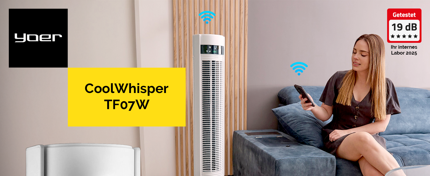 Тихий вентиляторний настільний кулер YOER CoolWhisper TF07W з плазмовим іонізатором, 12 швидкостей, 12 м радіус, таймер 12 год, осциляція 80°, пульт ДУ, білий