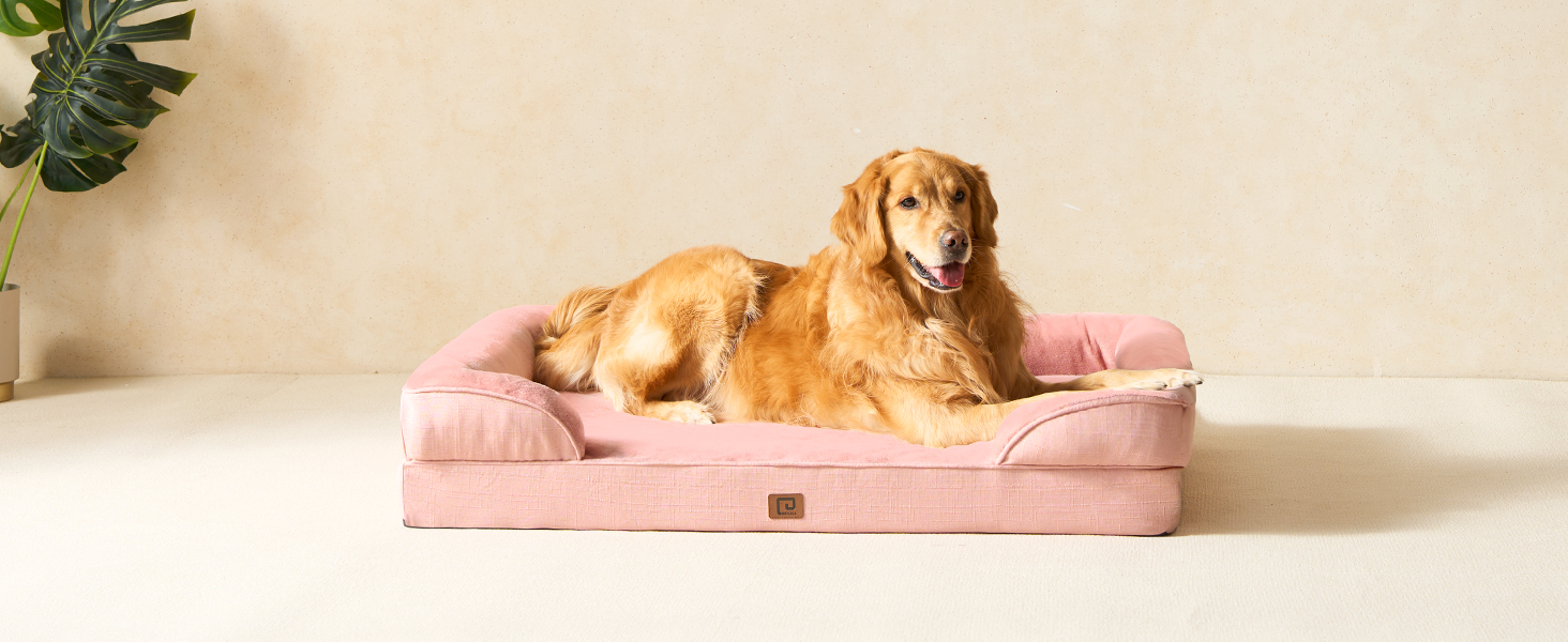 Ортопедичне ліжко для собак EHEYCIGA, великі та середні породи, 91x68 см, з Memory Foam, водонепроникне, з високим бортиком, рожеве (112x81x17.5 см)