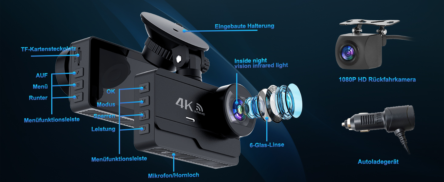 Відеореєстратор SIGRILL 4K/2K/1080p з Wi-Fi, двокамерний, з SD-картою 64GB, нічне бачення, кут огляду 170°, G-сенсор, паркувальний режим, Loop-запис, підтримка до 256GB