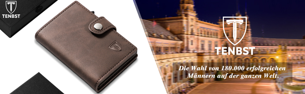 Тонкий гаманець TENBST з відділом для дрібниці, RFID захистом, з екошкіри, для чоловіків, автоматичний висувний картхолдер, коричневий, класичний