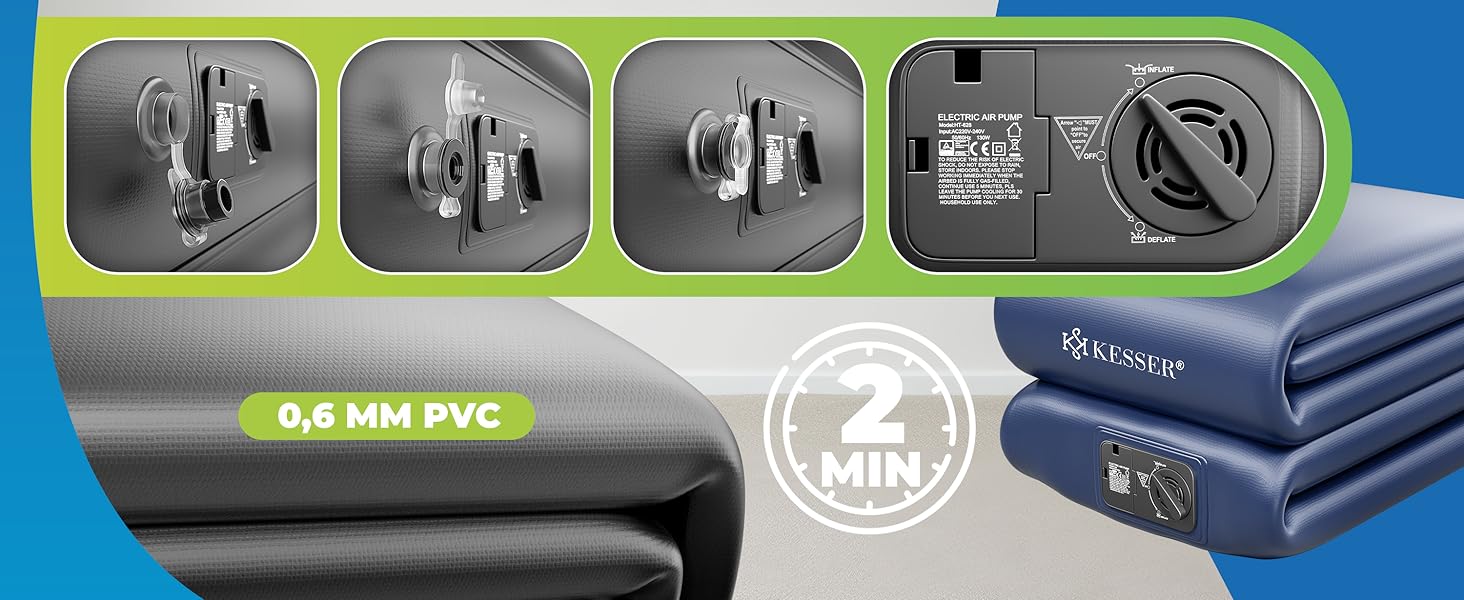 Надувний матрац KESSER® з електричною помпою, самонадувний, для гостей, кемпінгу та дому. Матрац для 1 особи, 203 x 95 x 51 см, сірий/антрацит