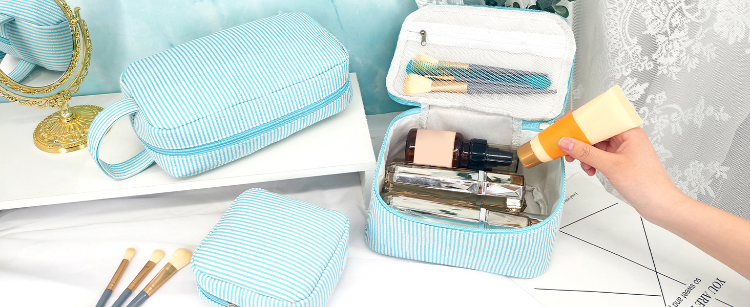 Набір косметичок для жінок: 3 шт. для макіяжу, подорожей та щоденного використання (блакитний)