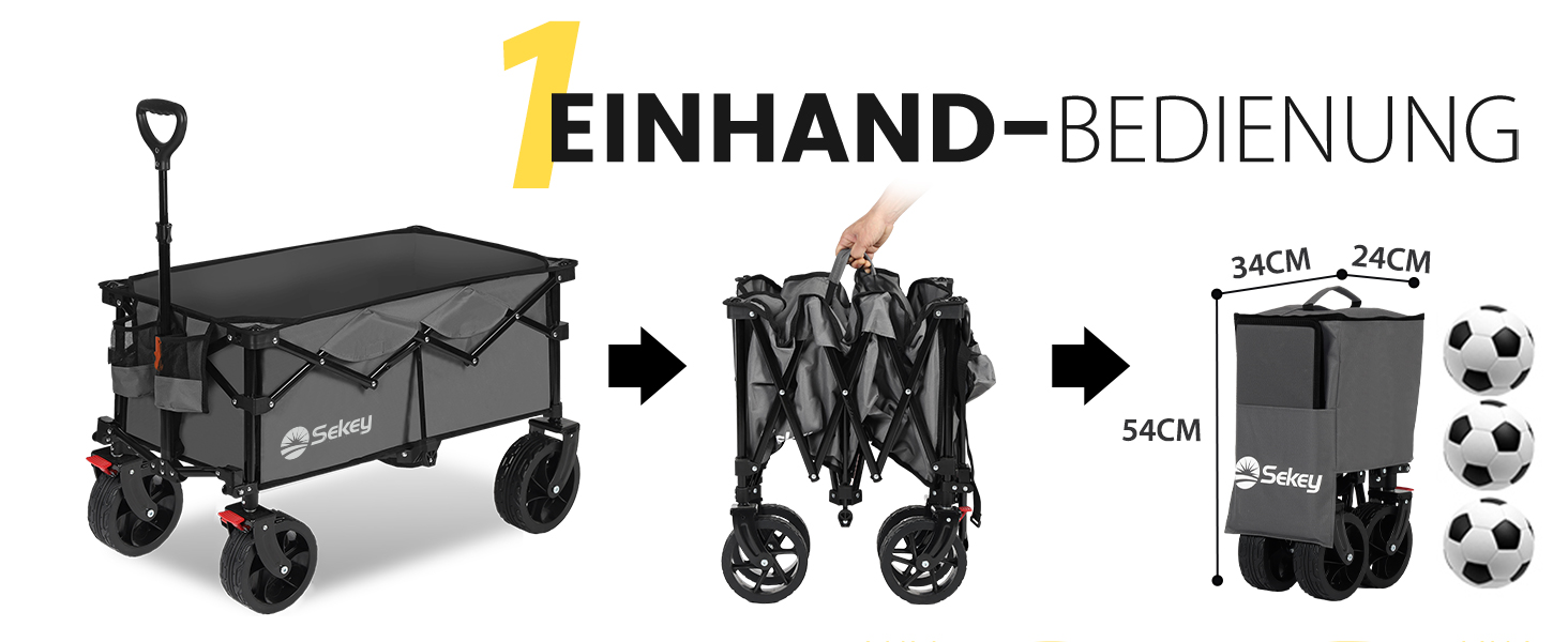 Bollerwagen Sekey XXXL: Складна вантажна платформа з великим об'ємом 150л, 200кг вантажопідйомністю, широкі колеса для бездоріжжя, антрацит