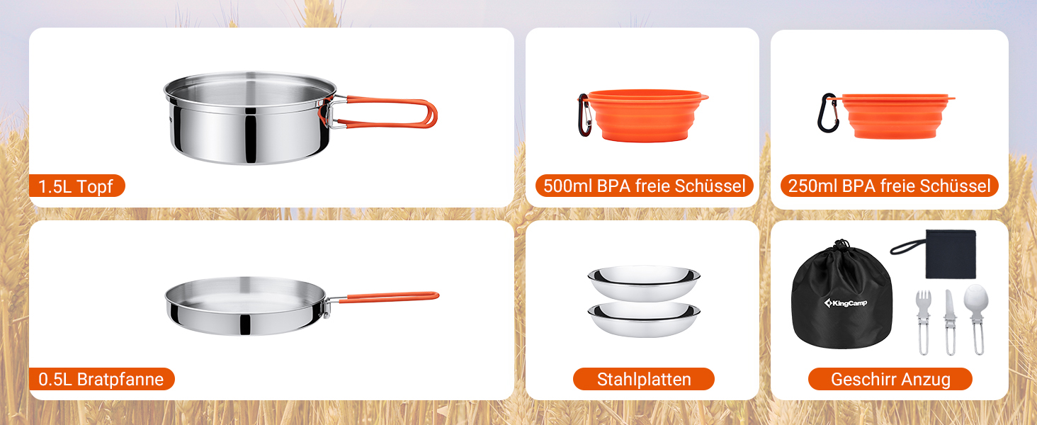 Набір посуду для кемпінгу KingCamp на 2-4 особи: нержавіюча сталь, складаний посуд, легко важить, набір каструль та сковороди для кемпінгу, 2 каструлі + 1 сковорода + столові прибори