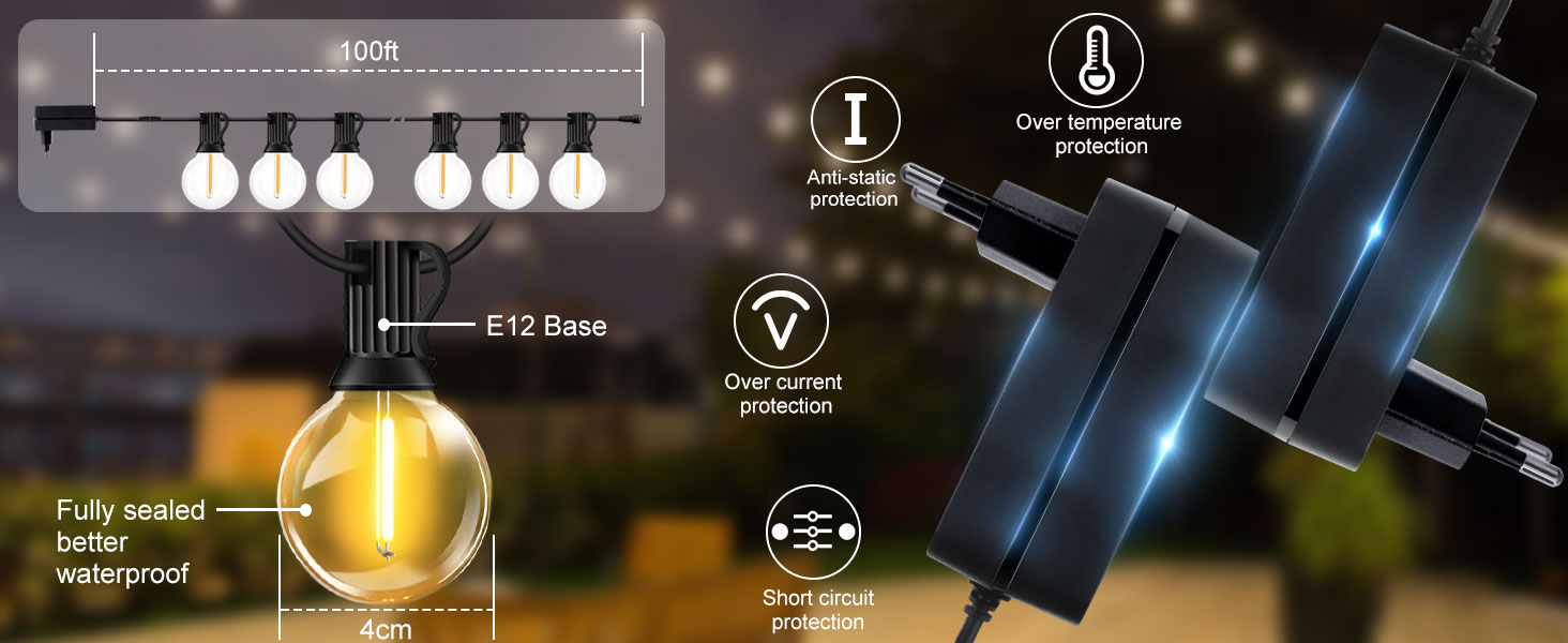 LED гірлянда для зовнішнього використання, диммувана - 30м, G40, з таймером, IP44, для балкона, саду, весілля, партії, тераси