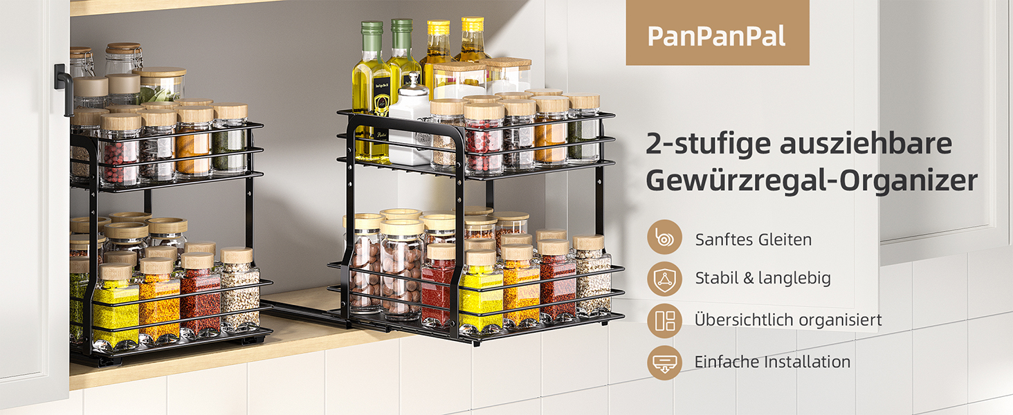 Висувна полиця для спецій, 2 яруси, органайзер для кухні, регульована висота, металева, чорний (26.4 x 12.5 x 24.3 см)