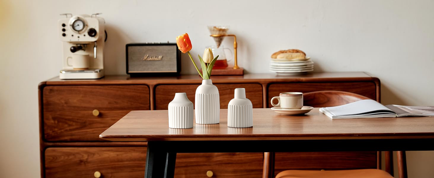 White Ceramic Donut Vase Set for Pampas & Dried Flowers - Modern Boho Home Decor