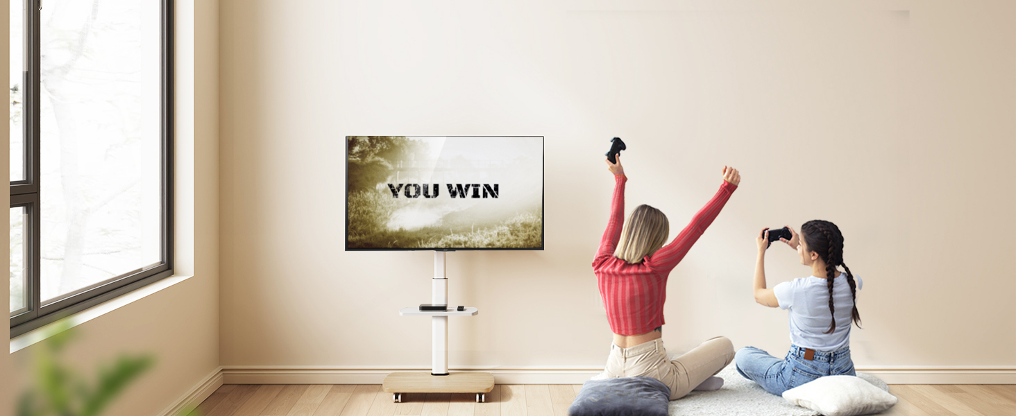 AOKCOS Rolling TV Stand with Wood Shelf - Adjustable Height & Swivel - Fits 32-65 Inch TVs - Up to 40kg, VESA 400x400mm